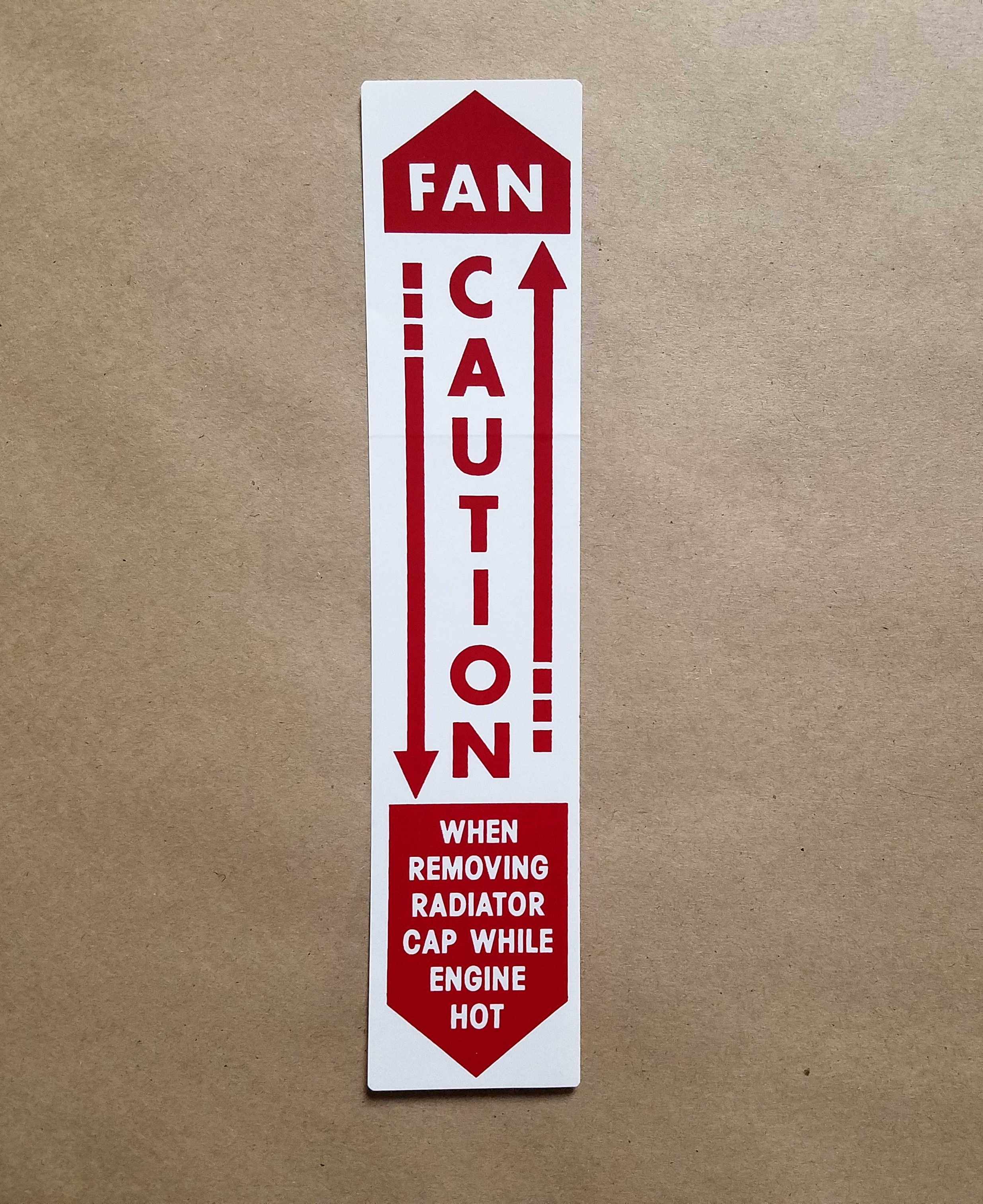 1960-61 P8 Caution Fan Decal, Red/White, vertical orientation