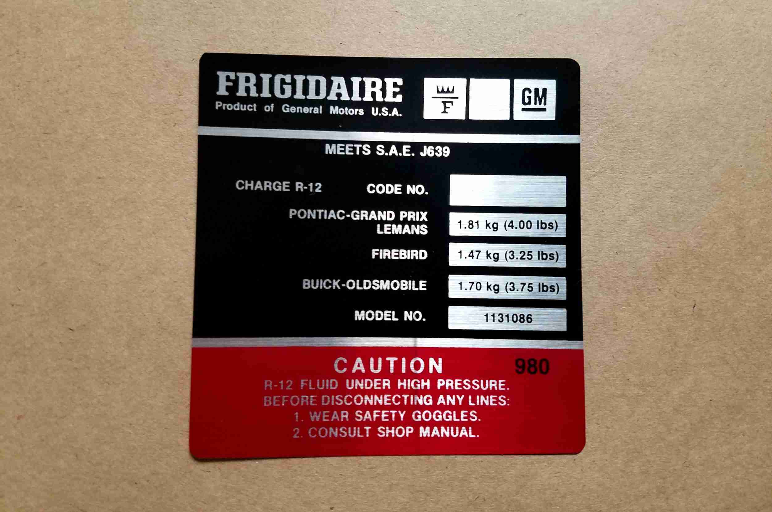 1978 Decal, Frigidaire Air Conditioner Compressor (GM# 1131086)