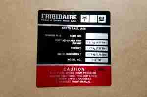 1978 Decal, Frigidaire Air Conditioner Compressor (GM# 1131086)