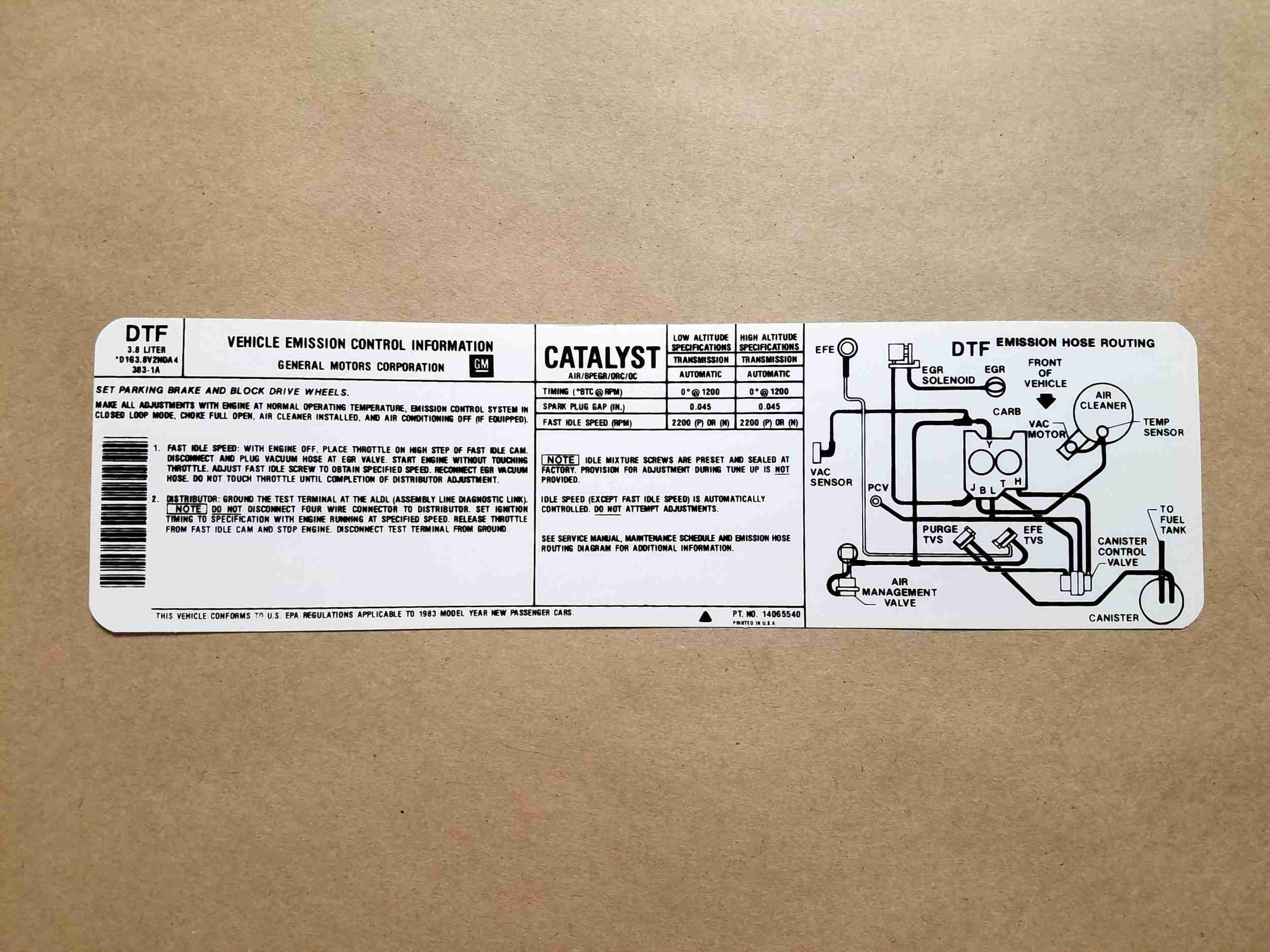 Decal, 3.8 Litre AT Emission, Low/Hi Alt Dft (GM 14065540)