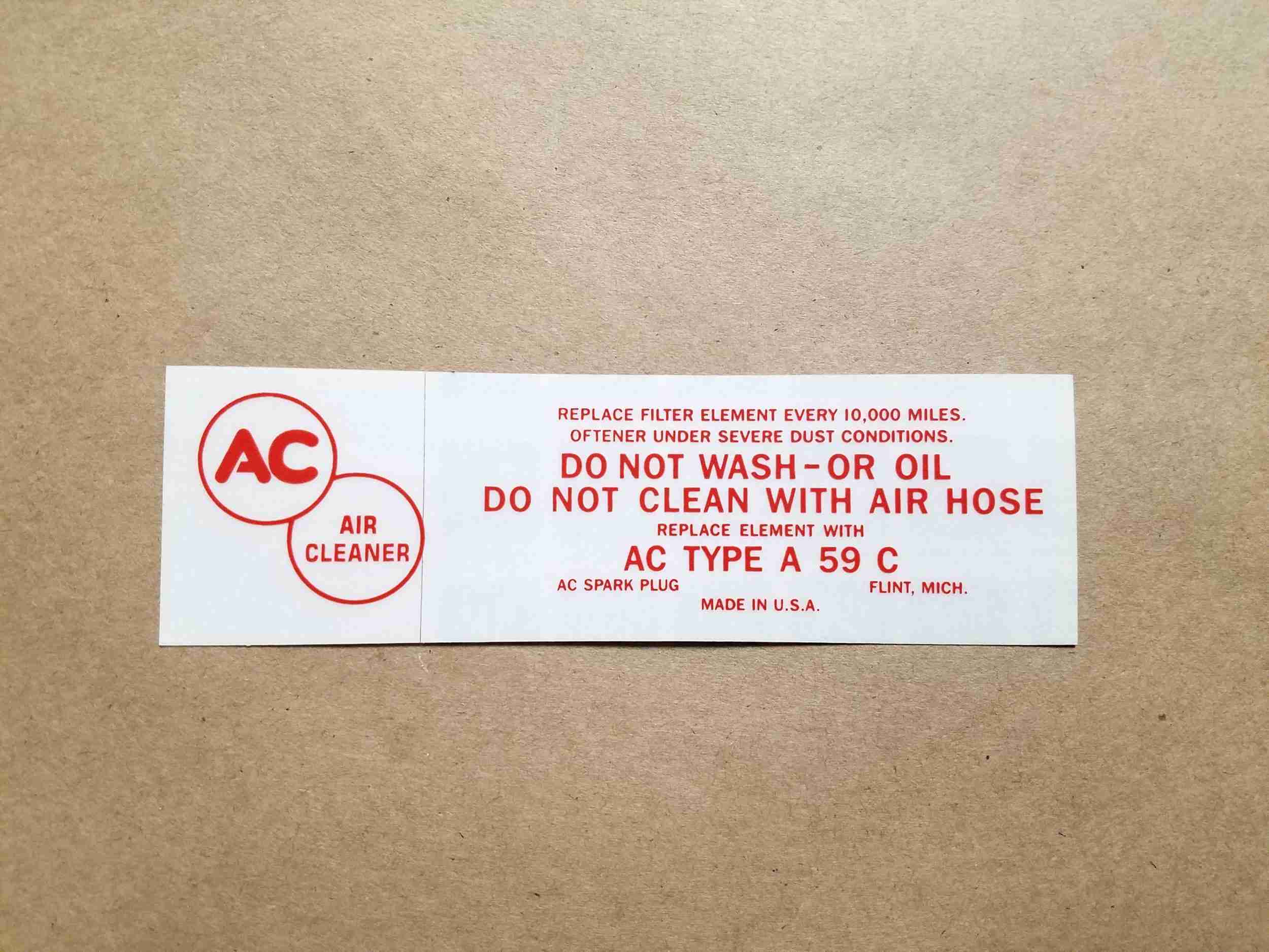 1958 Tripower Red Air Cleaner Service Instruction Decal, rectangular, for A59C paper element air cleaner