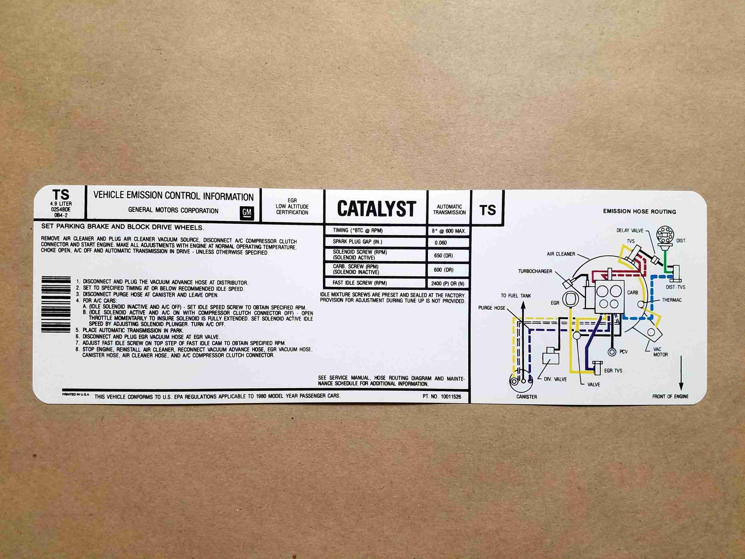1980 Firebird Emission Decal, on decal: TS 10011526, 1980 Firebird Turbo 4.9 w/ AT