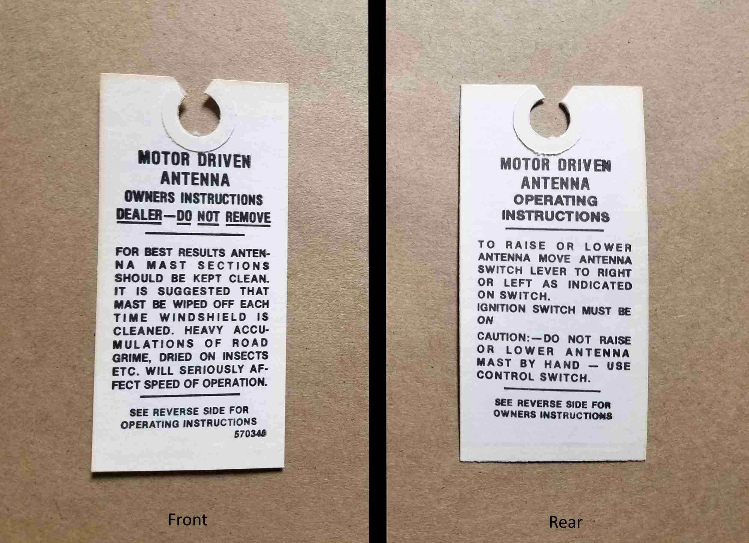 1958-63 Electric Antenna Instruction Paper Tag, on tag: 570340