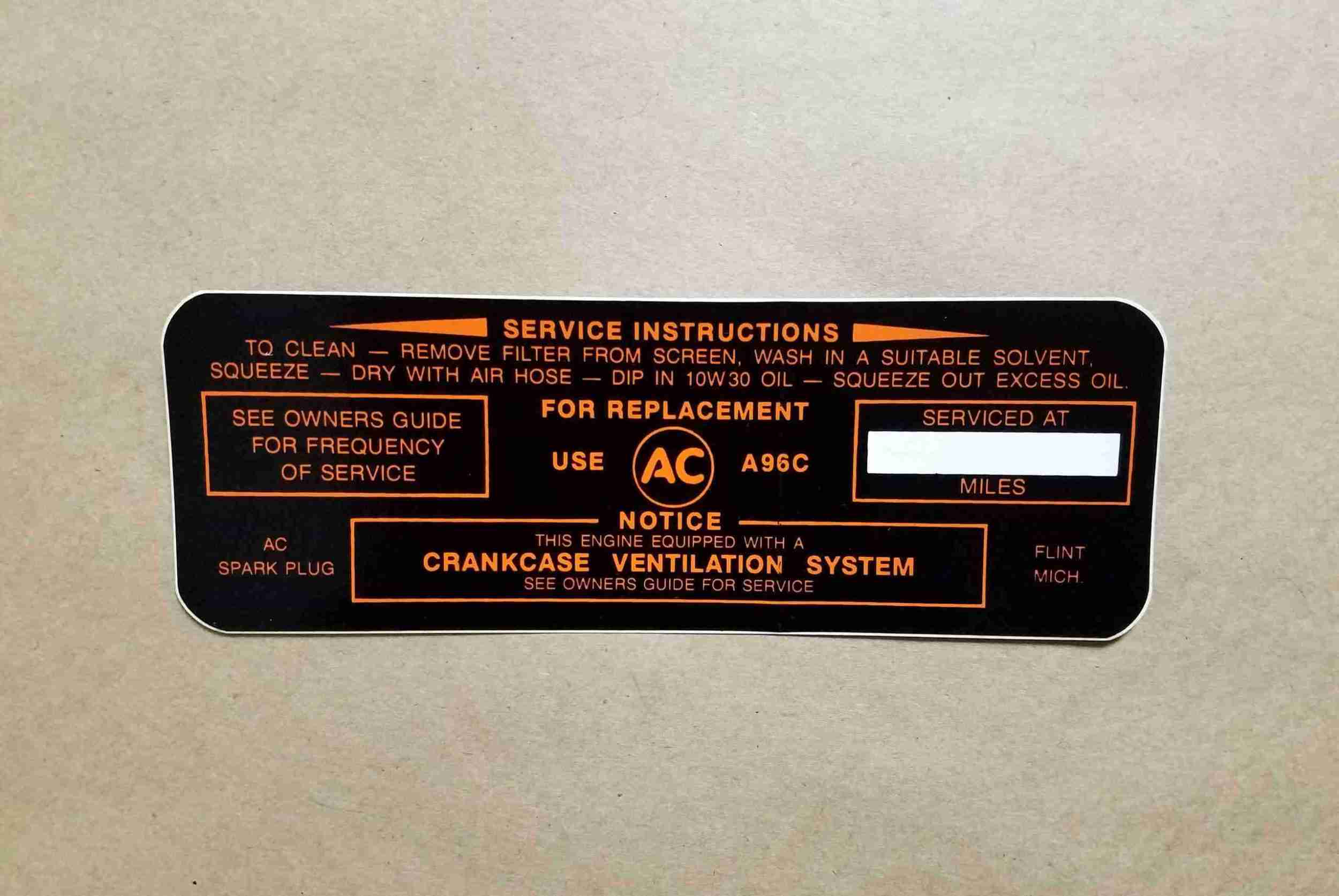 1963-64 Decal Air Cleaner Service Instruction