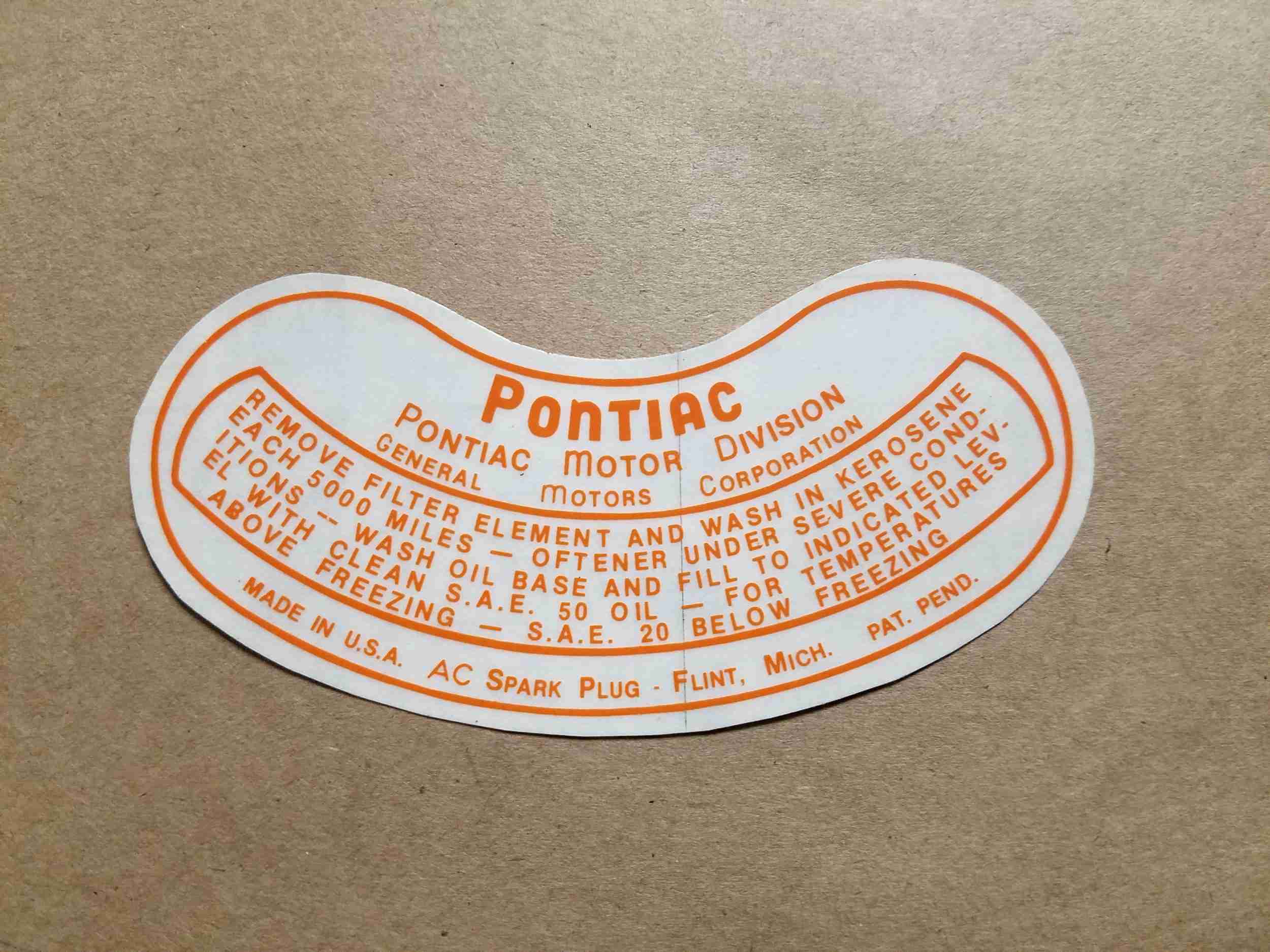 1953-54 Orange Oil Bath Air Cleaner Service Instruction Decal, semi-circular