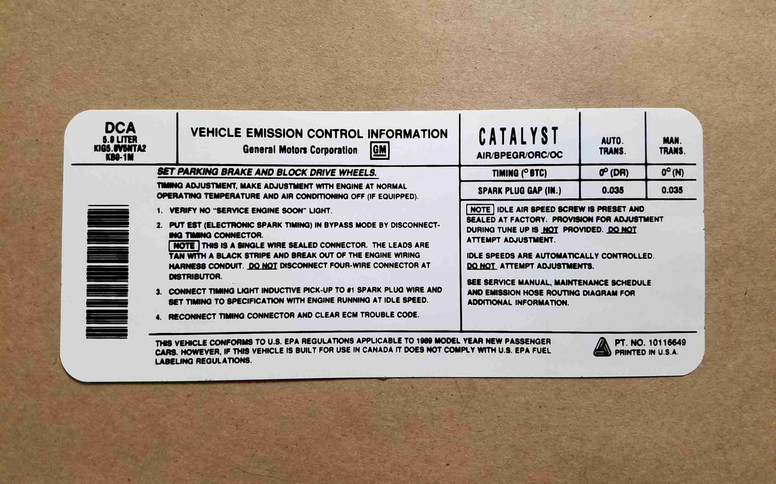 Decal, 5.0E AT/MT Emission (On Decal: DCA 10116649)