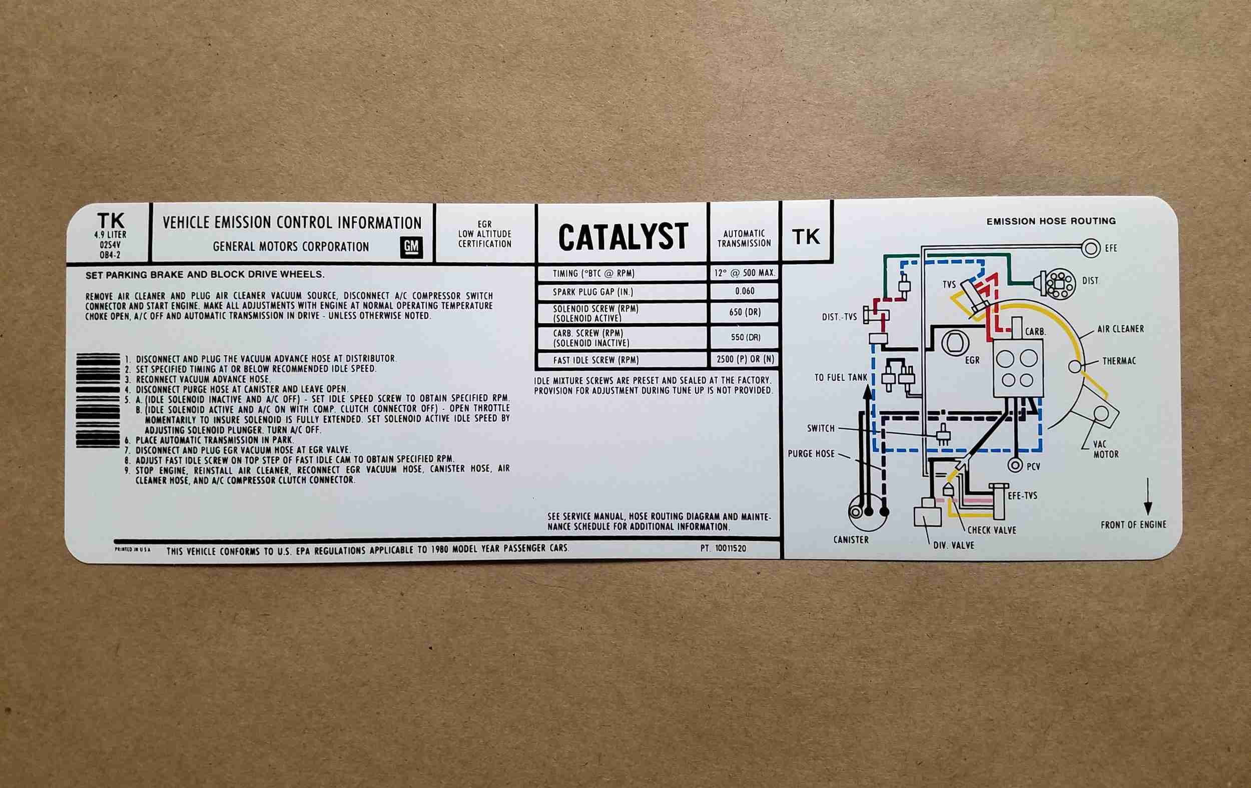 1980 CDT0801 Decal, 4.9 AT Emission (On Decal: TK 10011520)