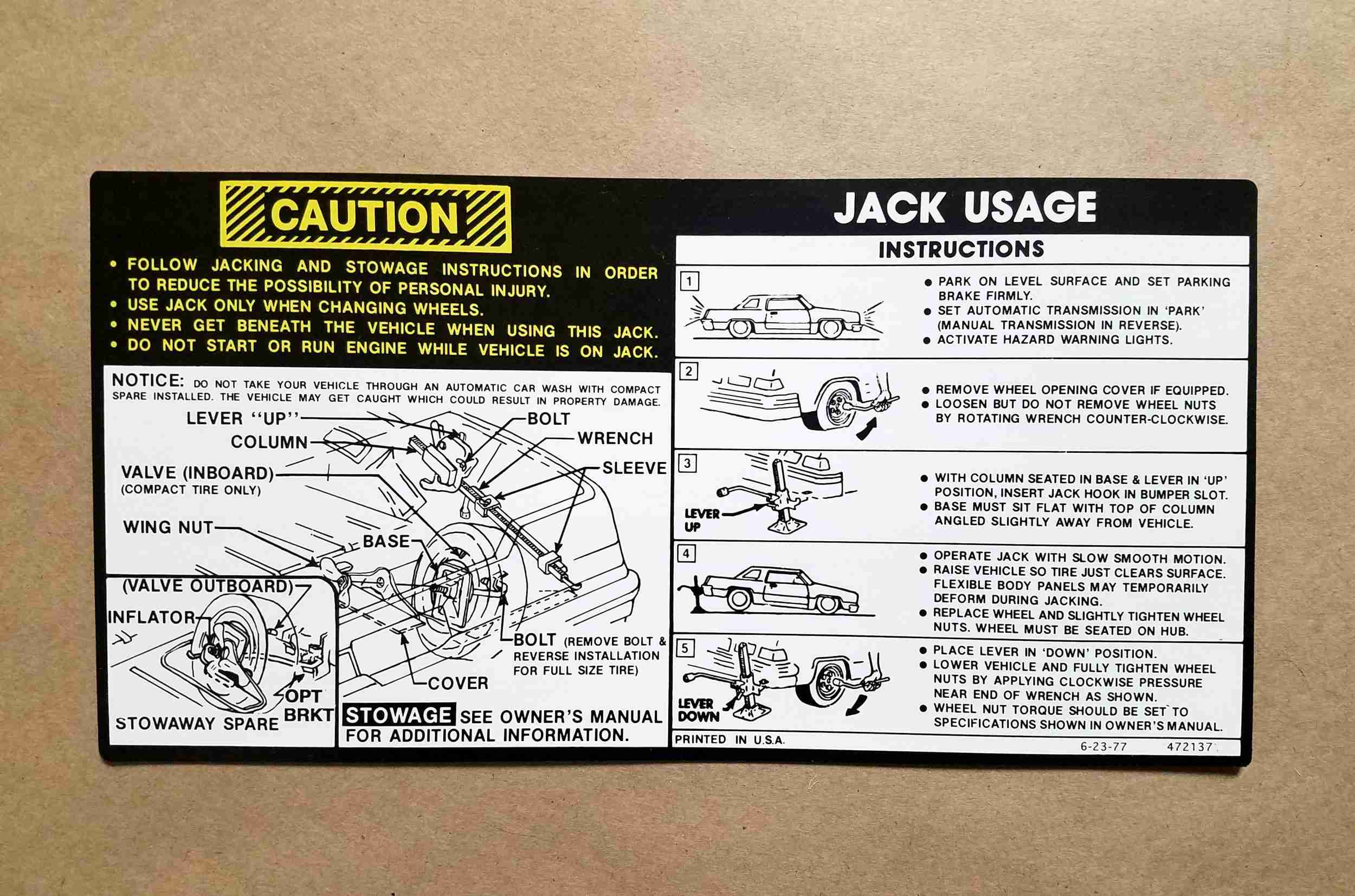 1978-1985 Jack Instruction Lemans/Bonn/Grand Am GM Part 372137