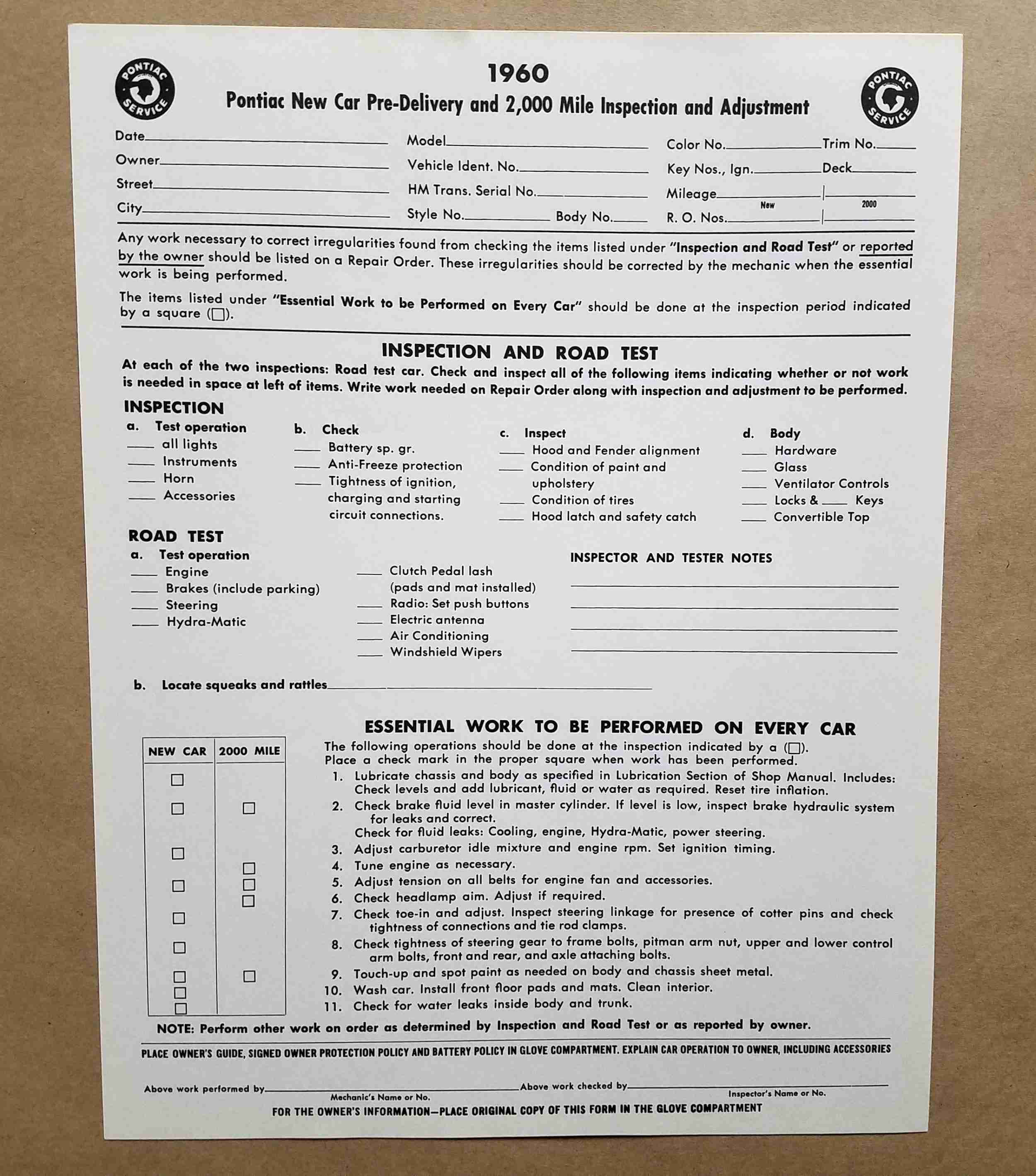 1960 Pontiac Pre-Delivery & Adjustment Sheet