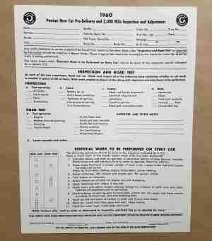 1960 Pontiac Pre-Delivery & Adjustment Sheet