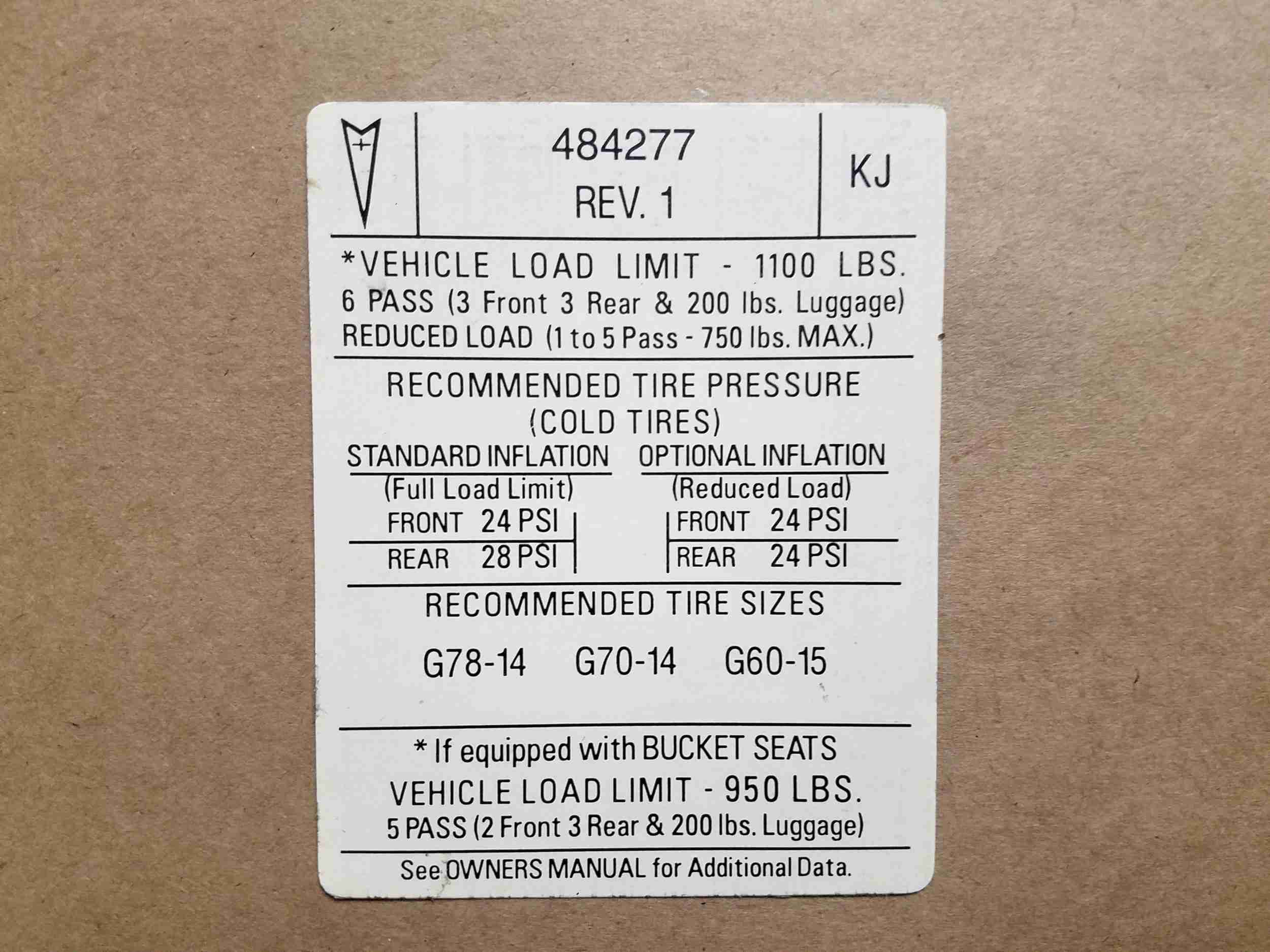 1971-72 GTO Tire pressure Decal, on decal: KJ 484277,