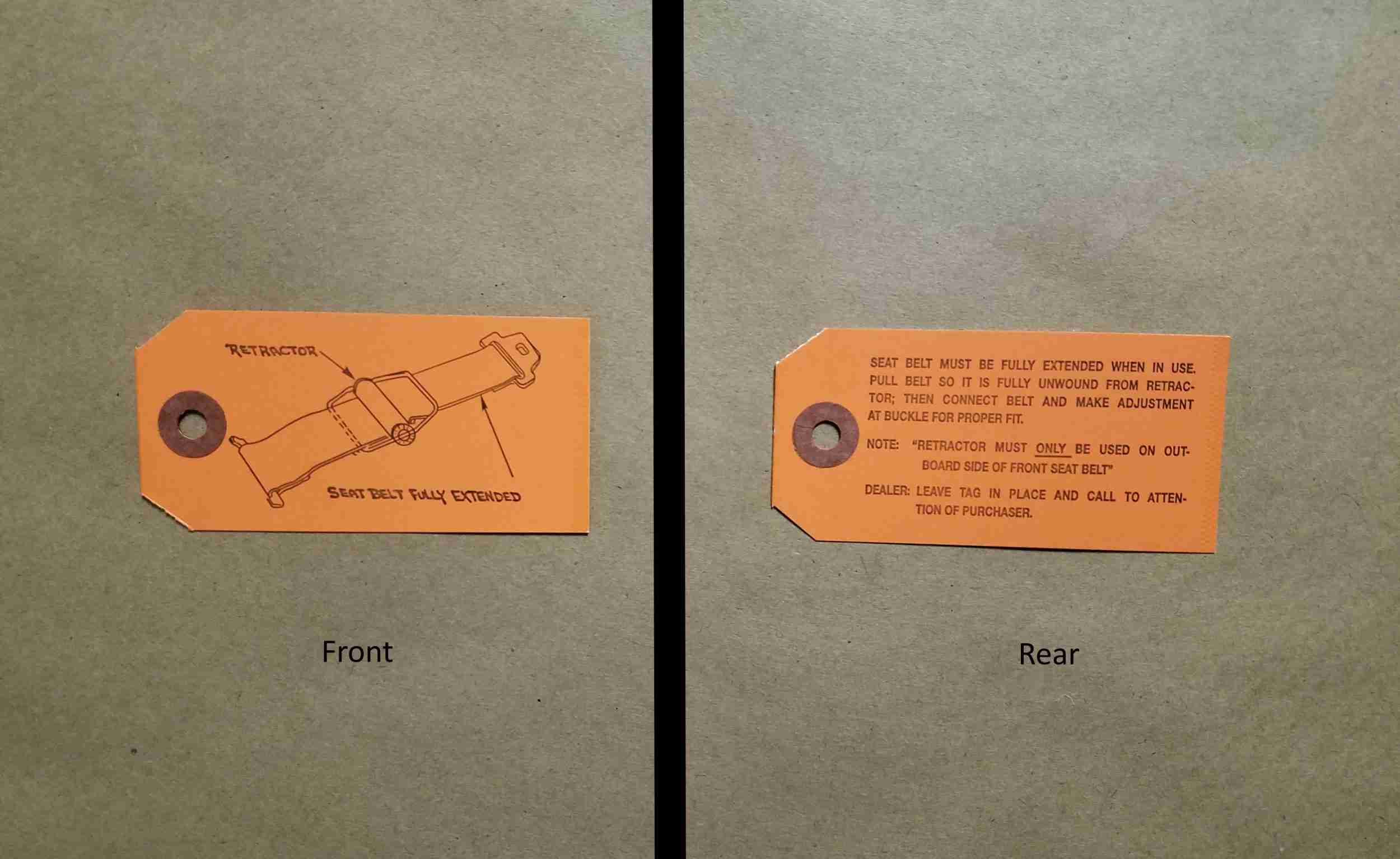1960-66 Seat Belt Instruction Tag