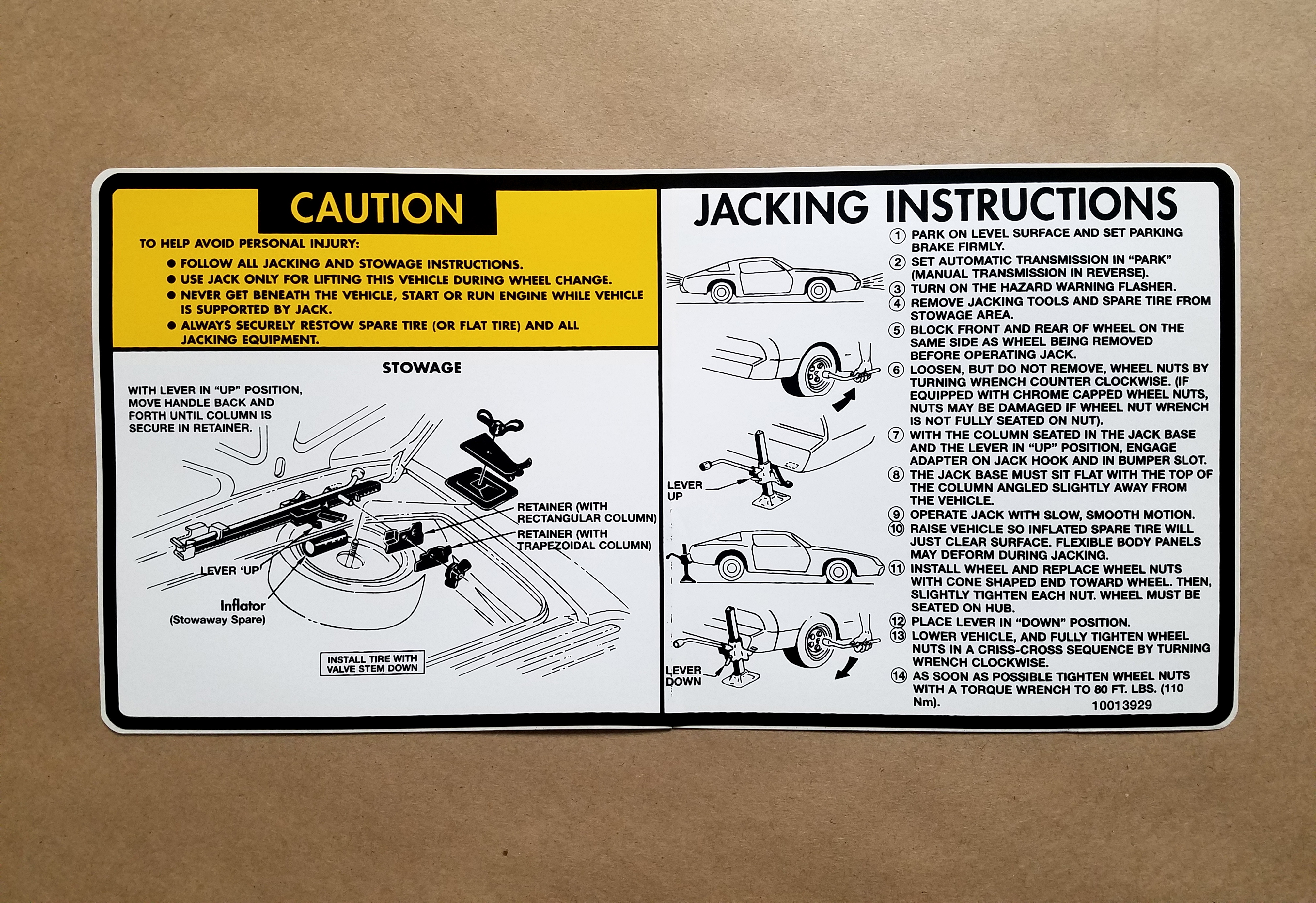 1980 Firebird Jack Instructions, Space Saver Spare Tire, GM# 10013929, 1980 Trans Am