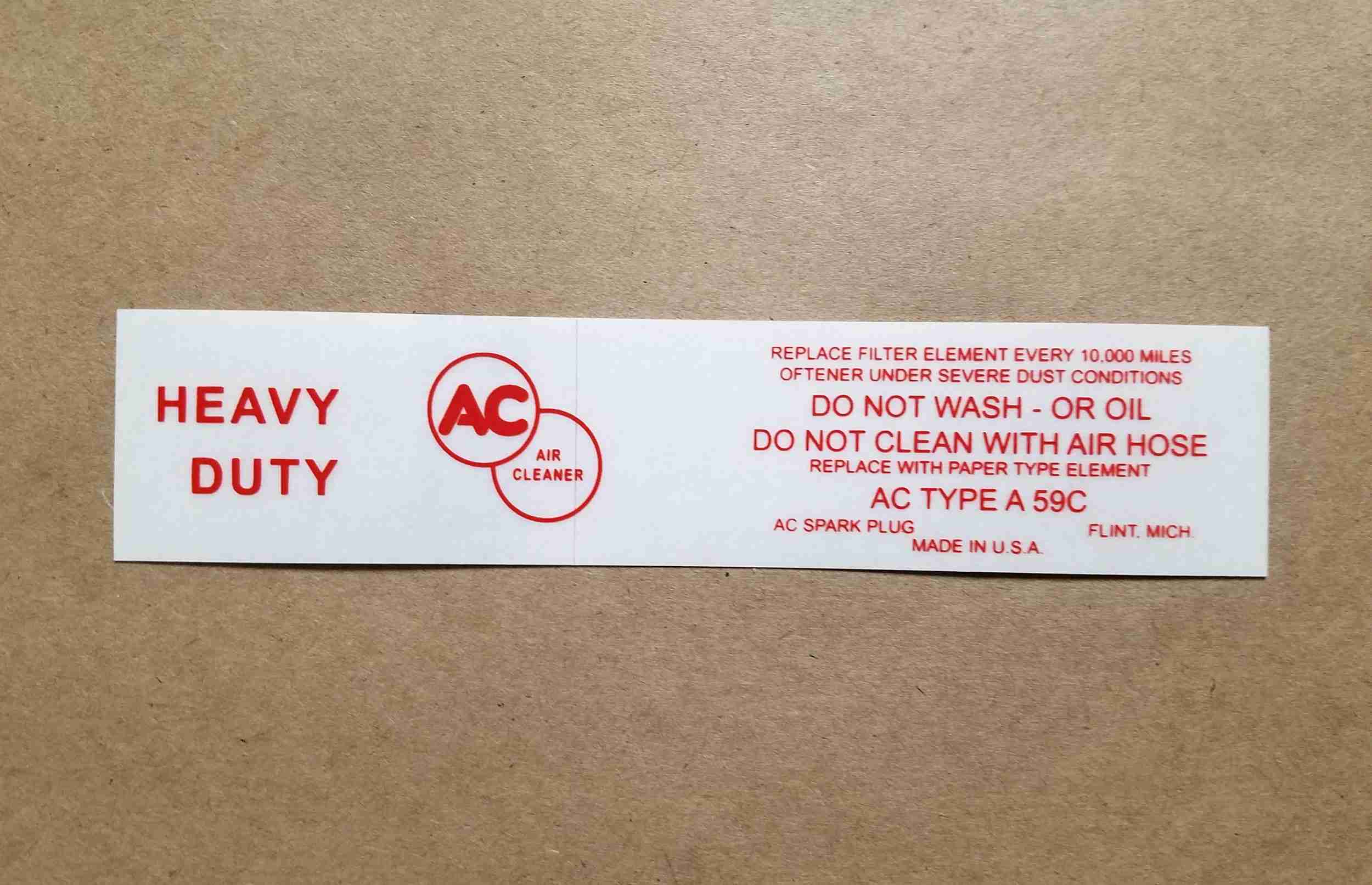 1959-60 Tripower Air Cleaner Service Instruction Decal, for A59C paper element air cleaner