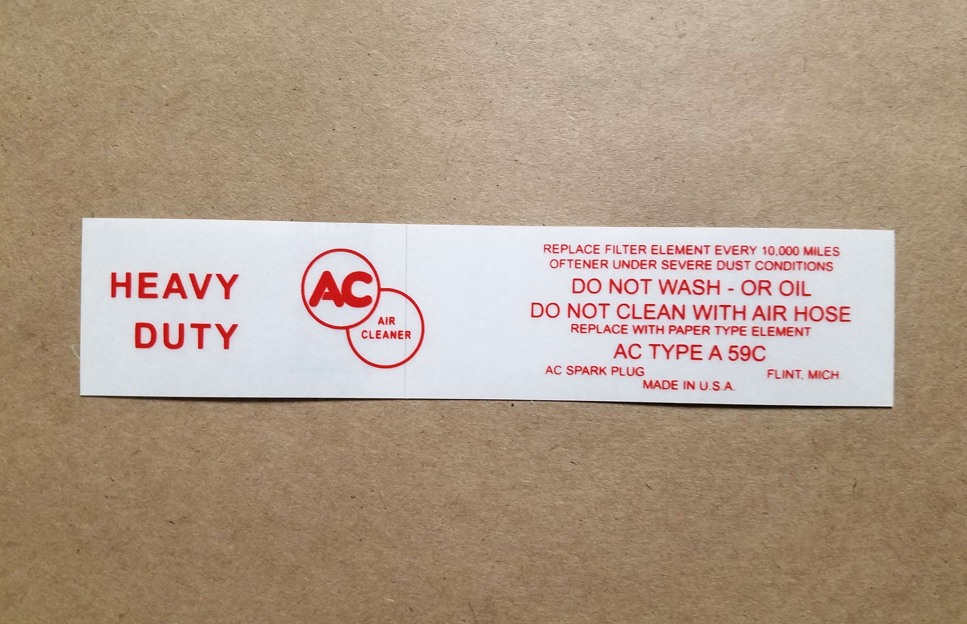 1959-60 Tripower Air Cleaner Service Instruction Decal, for A59C paper element air cleaner