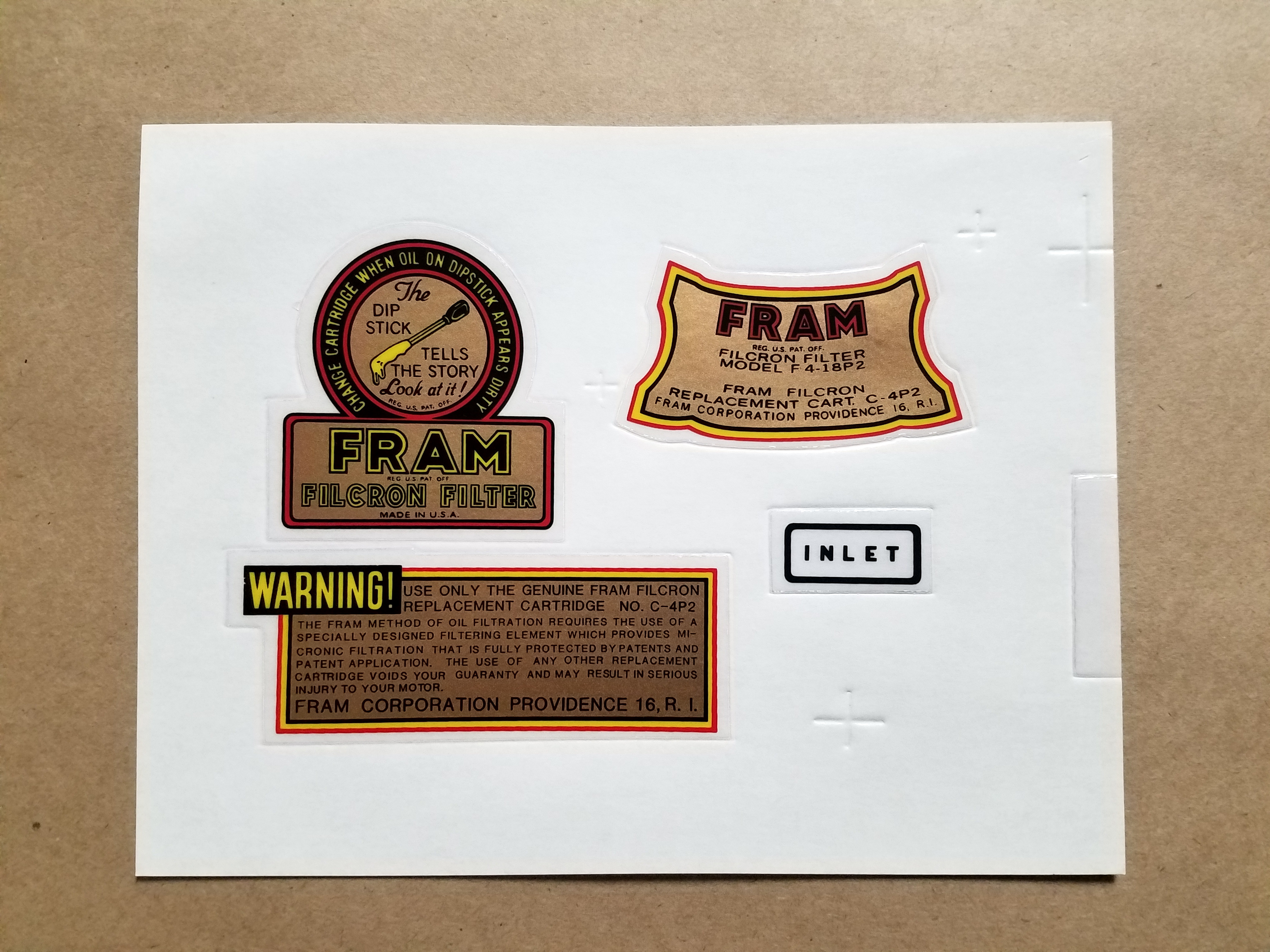 1949-54 Fram Oil Filter Decal Set, 4 pieces