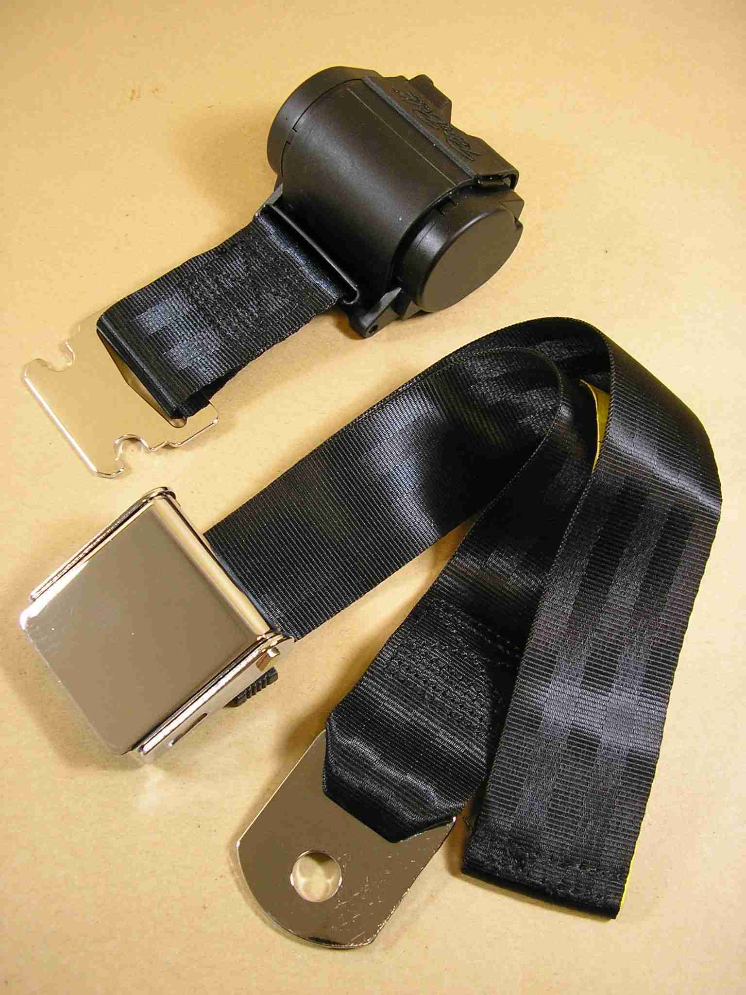 1926-74 2-Point Retractable Seat Belt w/ Chrome Aircraft-Style Buckle, come w/ hardware, specify color: black or sand