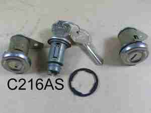 1955-58 Ignition & Flat Pawl Door Safety Lock Assemblies, set w/ original octagon keys, gaskets & u-clips, 1955-57 2dr Hardtop & Convertible only, 1958 4dr Sedan, 4dr Hardtop & Convertible