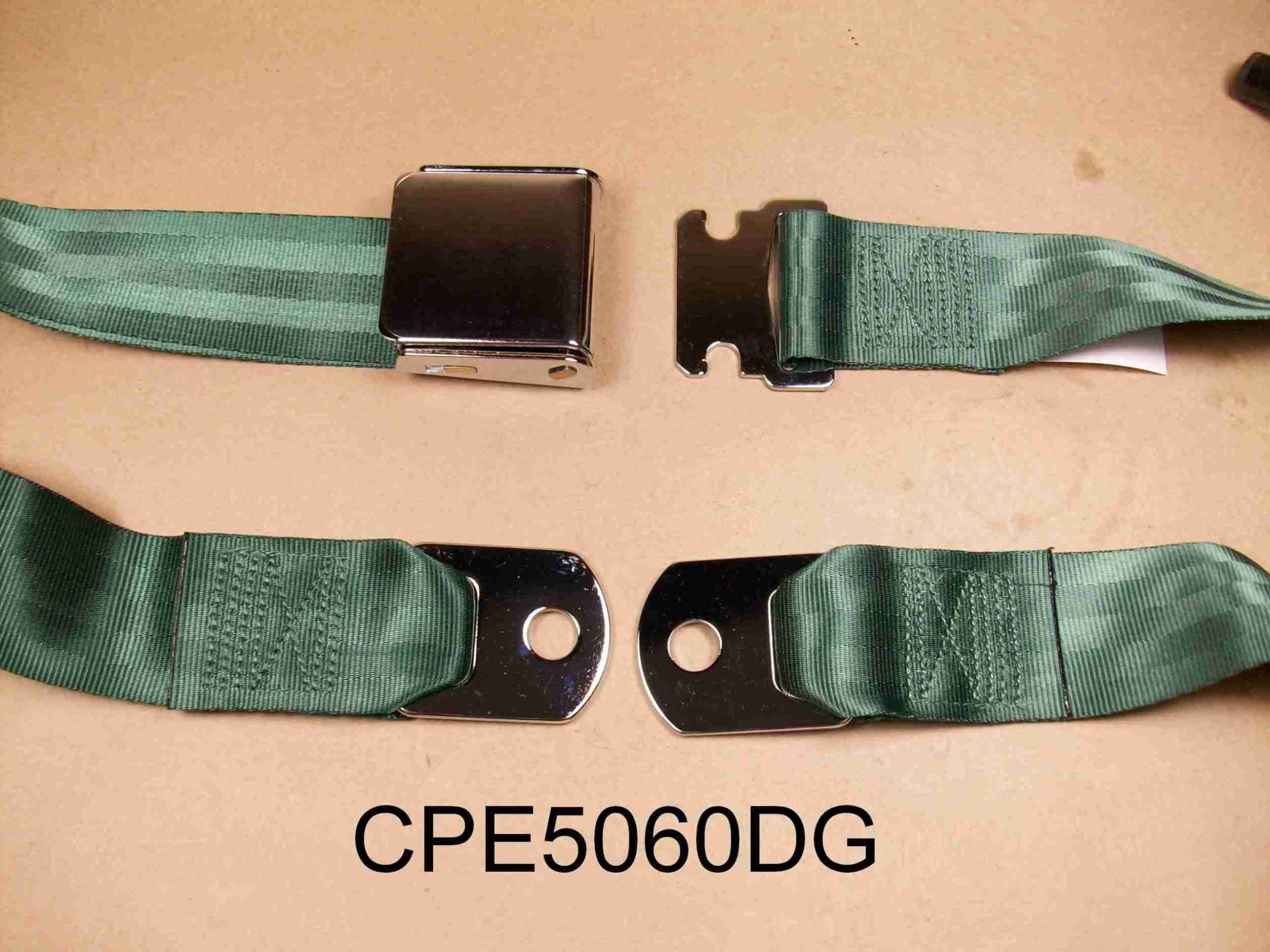1926-65 60" Dark Green Seat Belt w/ Chrome Aircraft-Style Buckle, 2-point non-retractable lap belt, comes w/ hardware