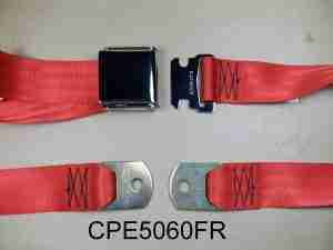 1926-65 60" Red Seat Belt w/ Chrome Aircraft-Style Buckle, 2-point non-retractable lap belt, comes w/ hardware