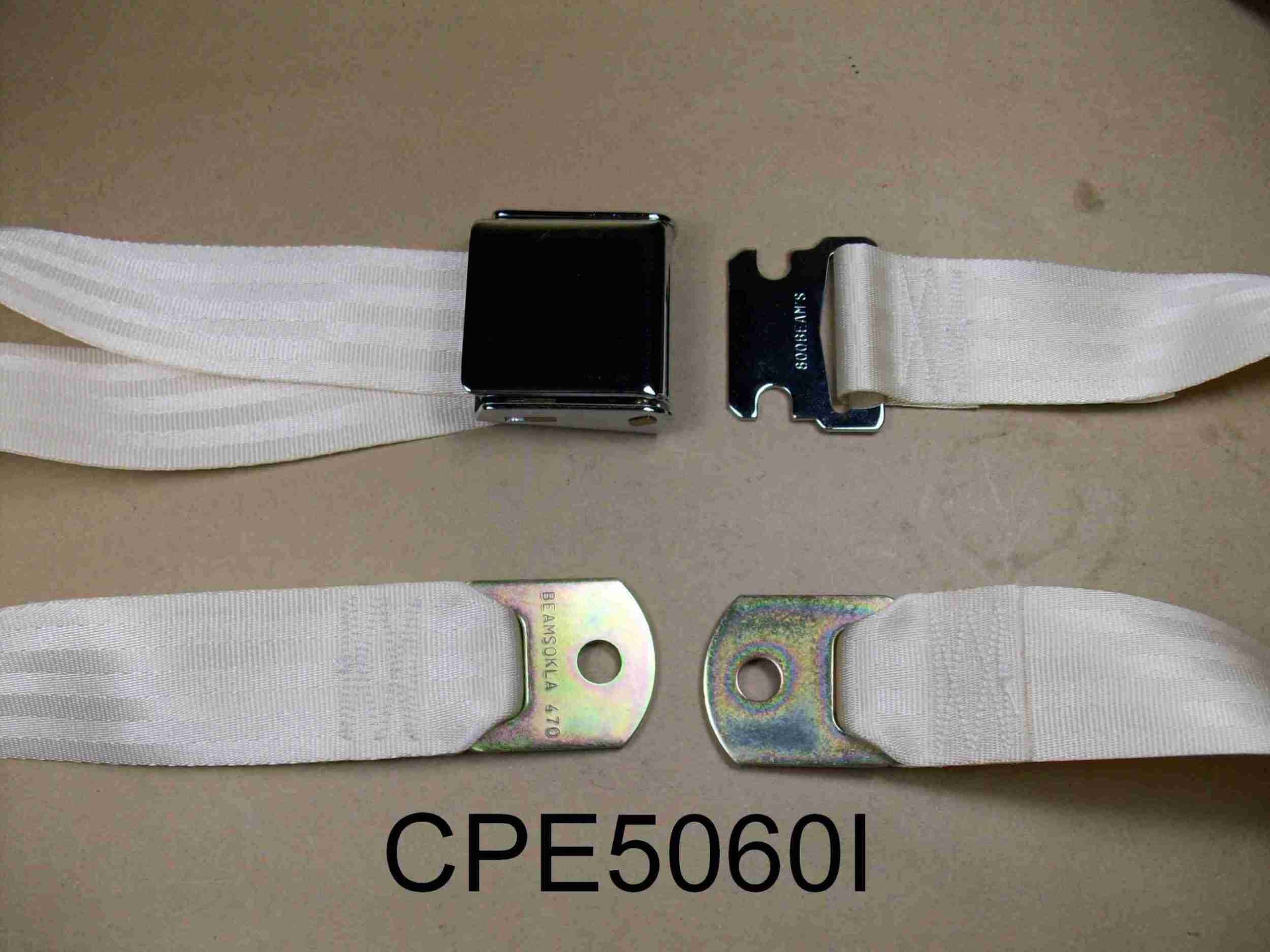 1926-65 60" Ivory Seat Belt w/ Chrome Aircraft-Style Buckle, 2-point non-retractable lap belt, comes w/ hardware