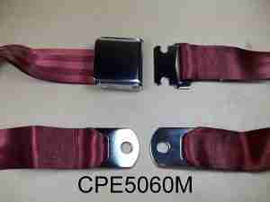 1926-65 60" Maroon Seat Belt w/ Chrome Aircraft-Style Buckle, 2-point non-retractable lap belt, comes w/ hardware