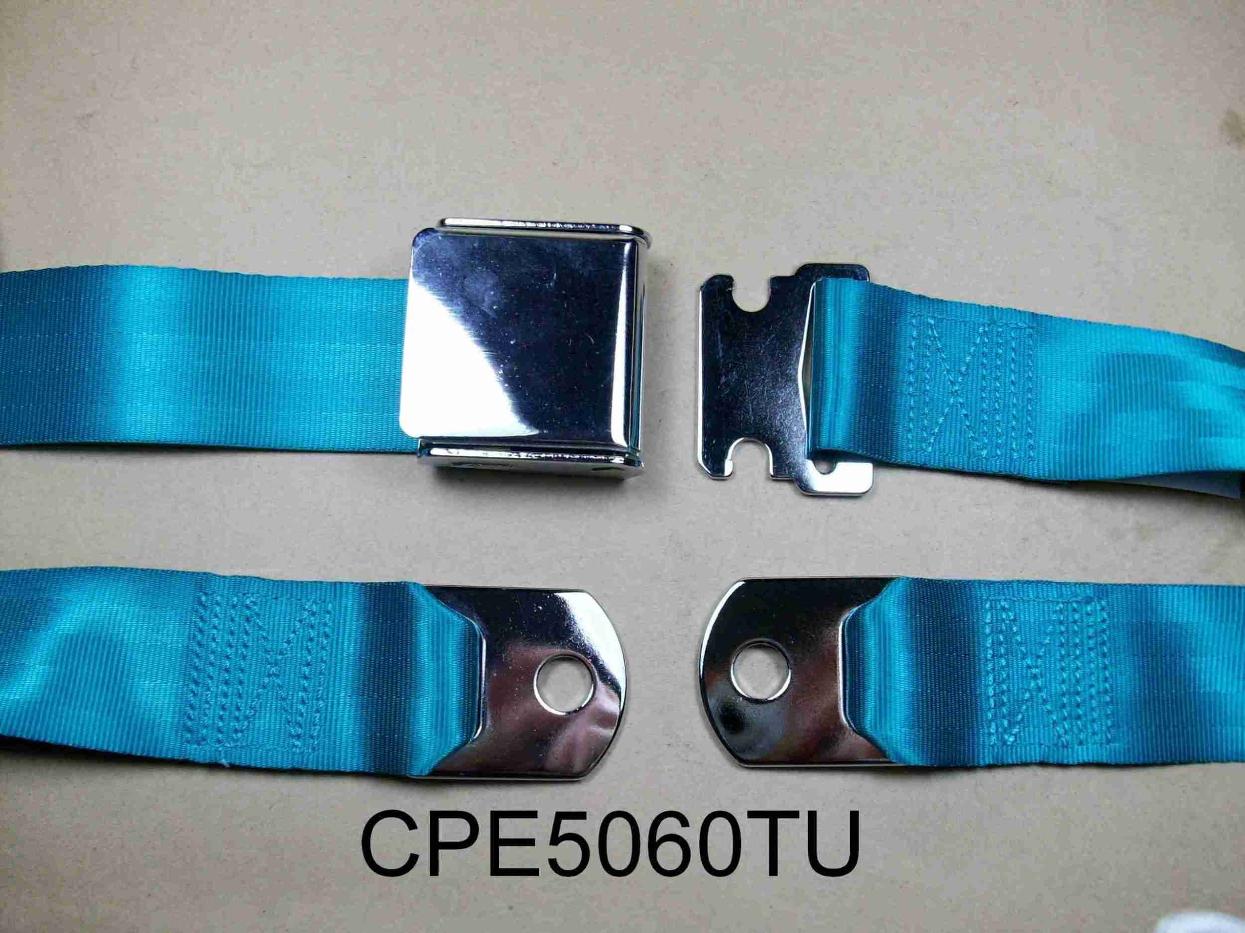 1926-65 60" Turquoise Seat Belt w/ Chrome Aircraft-Style Buckle, 2-point non-retractable lap belt, comes w/ hardware