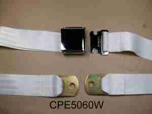 1926-65 60" White Seat Belt w/ Chrome Aircraft-Style Buckle, 2-point non-retractable lap belt, comes w/ hardware