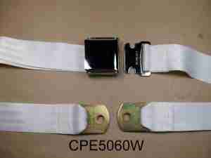 1926-65 60" White Seat Belt w/ Chrome Aircraft-Style Buckle, 2-point non-retractable lap belt, comes w/ hardware