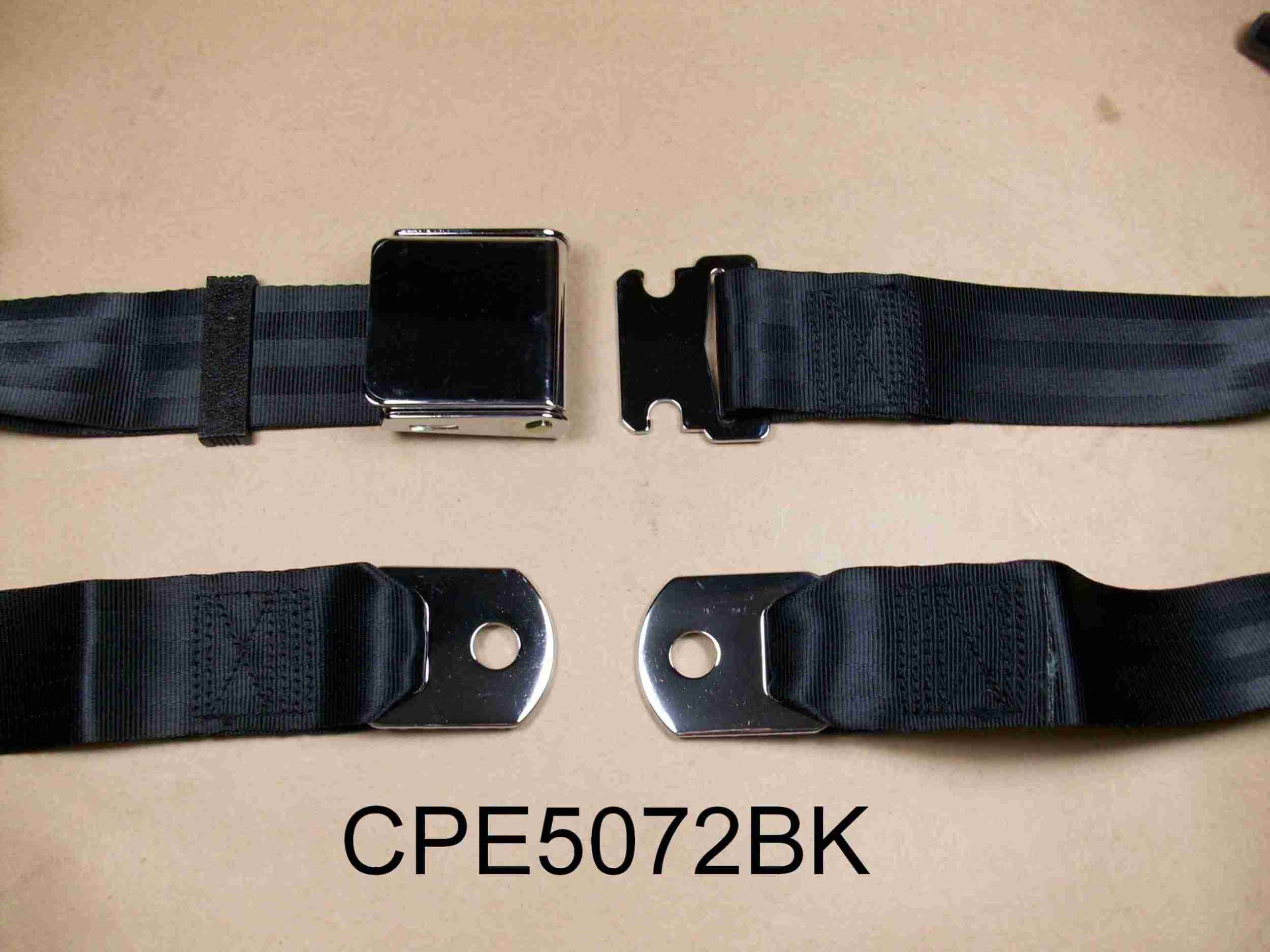 1926-65 75" Black Seat Belt w/ Chrome Aircraft-Style Buckle, 2-point non-retractable lap belt, comes w/ hardware