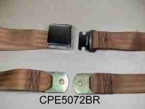 1926-65 75" Brown Seat Belt w/ Chrome Aircraft-Style Buckle, 2-point non-retractable lap belt, comes w/ hardware