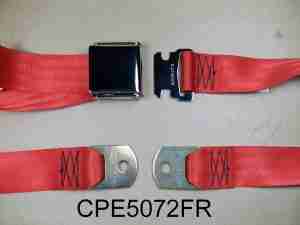 1926-65 75" Red Seat Belt w/ Chrome Aircraft-Style Buckle, 2-point non-retractable lap belt, comes w/ hardware