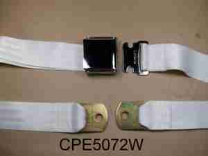 1926-65 75" White Seat Belt w/ Chrome Aircraft-Style Buckle, 2-point non-retractable lap belt, comes w/ hardware
