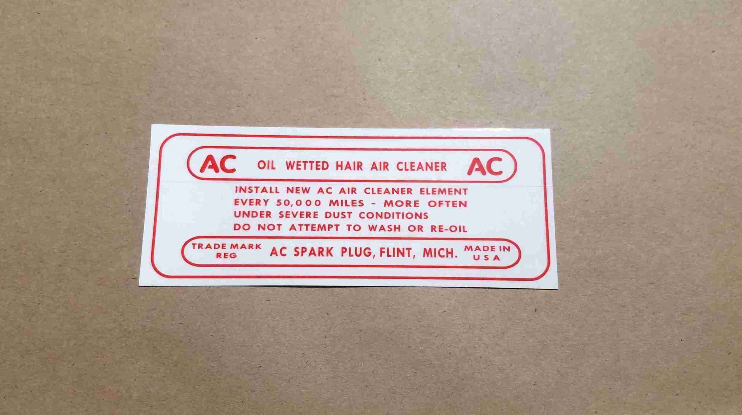 1957 Fuel Injection Orange Oil Bath Air Cleaner Service Instruction Decal, rectangular