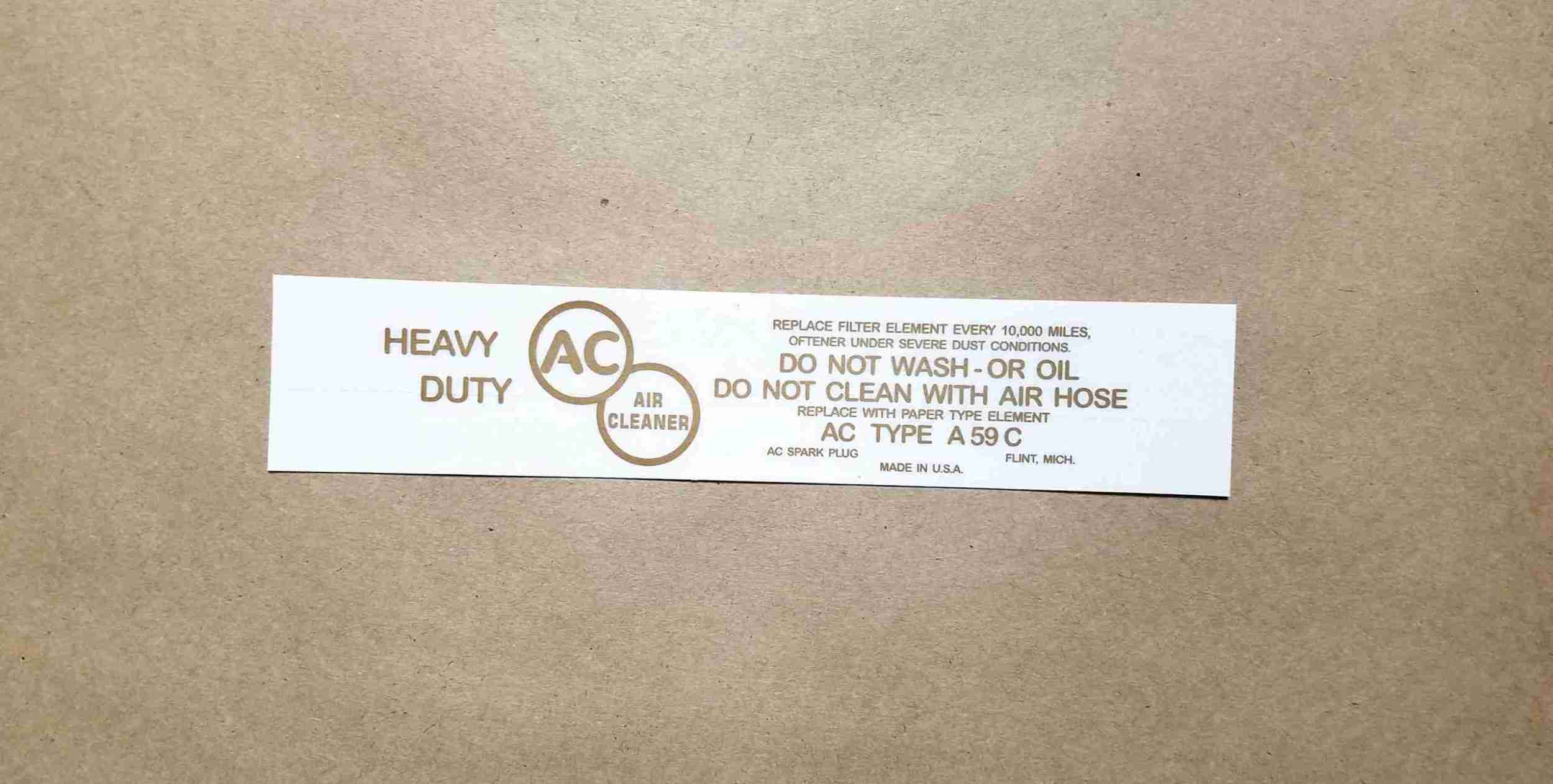 1957 Tripower Gold Dry Style Air Cleaner Service Instruction Decal, rectangular, for A59C paper element air cleaner